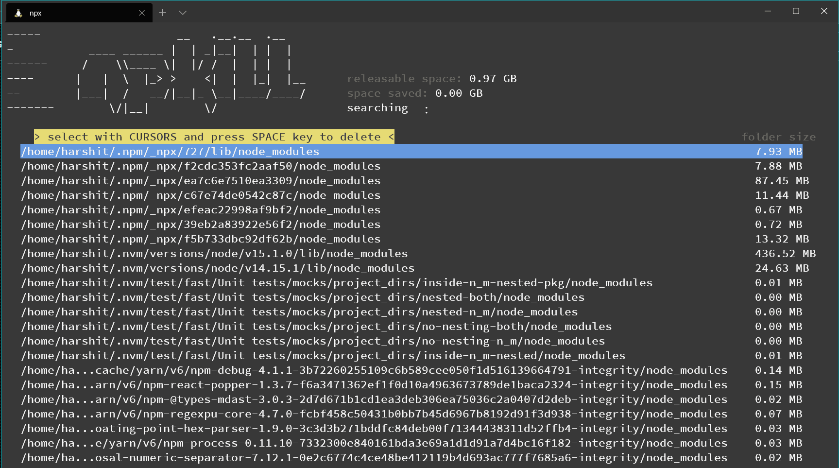 Delete all node_modules folder using npkill